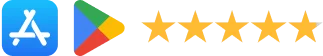 Available on App Store and Google Play with 5-star ratings
